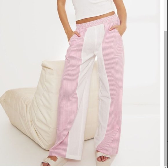 PrettyLittleThingPlus Women Sz 14 Pink Contrast Pinstripe Linen Look Trouser NWT - Picture 1 of 3